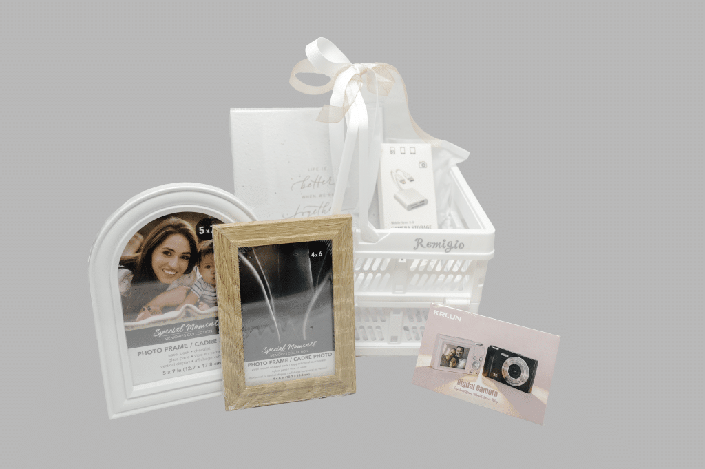 Photo themed wedding gift basket
