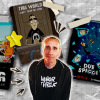 Graphic showing Italian comic artist Zerocalcare with posters for his three Netlfix series, "Tear Along the Dotted Line," "This World Can't Tear Me Down," and "My Two Cents"