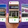 A hand holding a phone in the center with an image of a gym on an online dating site. There are two other online dating screenshots on either side of the main phone with other gyms as the main image.