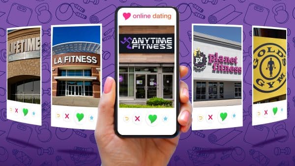 A hand holding a phone in the center with an image of a gym on an online dating site. There are two other online dating screenshots on either side of the main phone with other gyms as the main image.