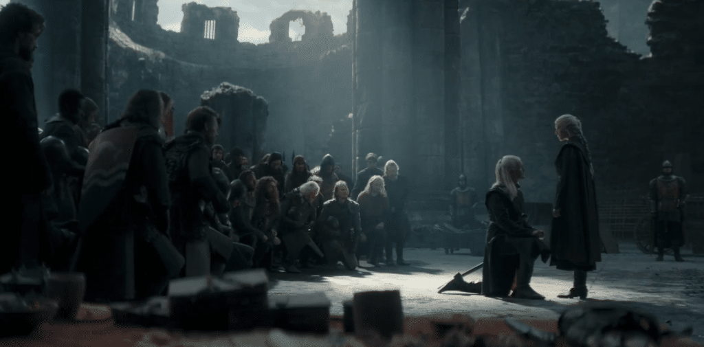 Daemon and his army pledging their allegiance to Rhaenyra.