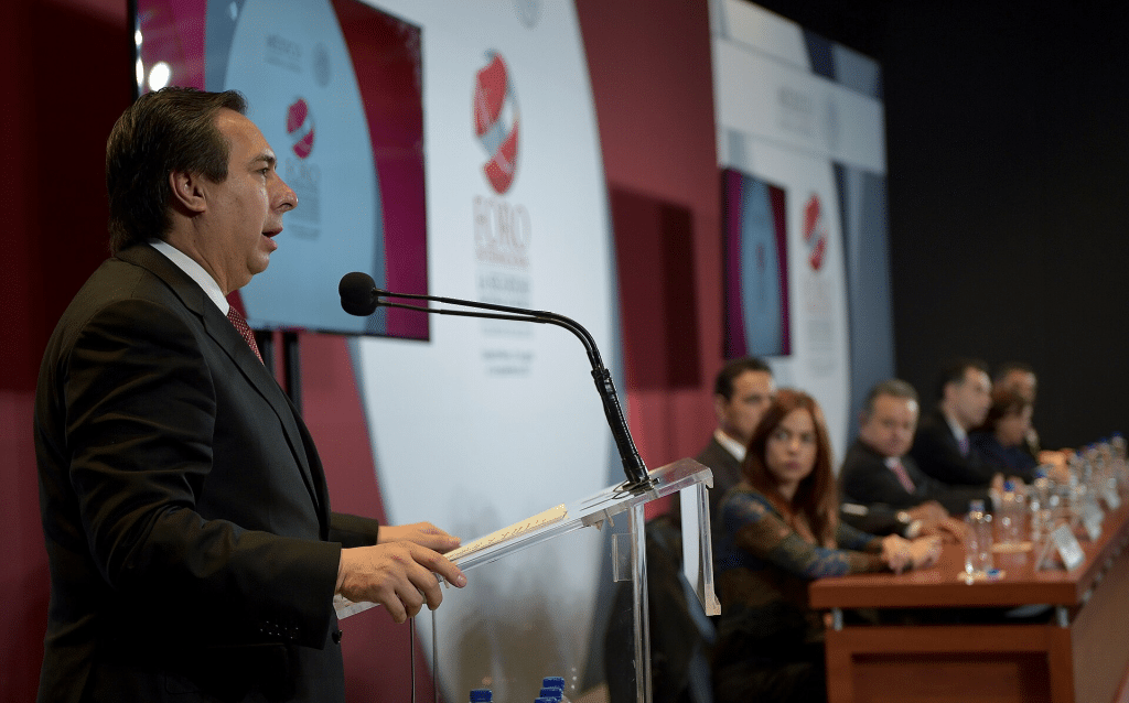 Mexico City, Mexico – August 31, 2017: Tomás Zerón de Lucio, Technical Secretary of the National Security Council, attends the opening of the International Forum “Mexico's National Security: The Multidimensional Perspective and the Challenges of the 21st Century” alongside Energy Secretary Pedro Joaquín Coldwell.