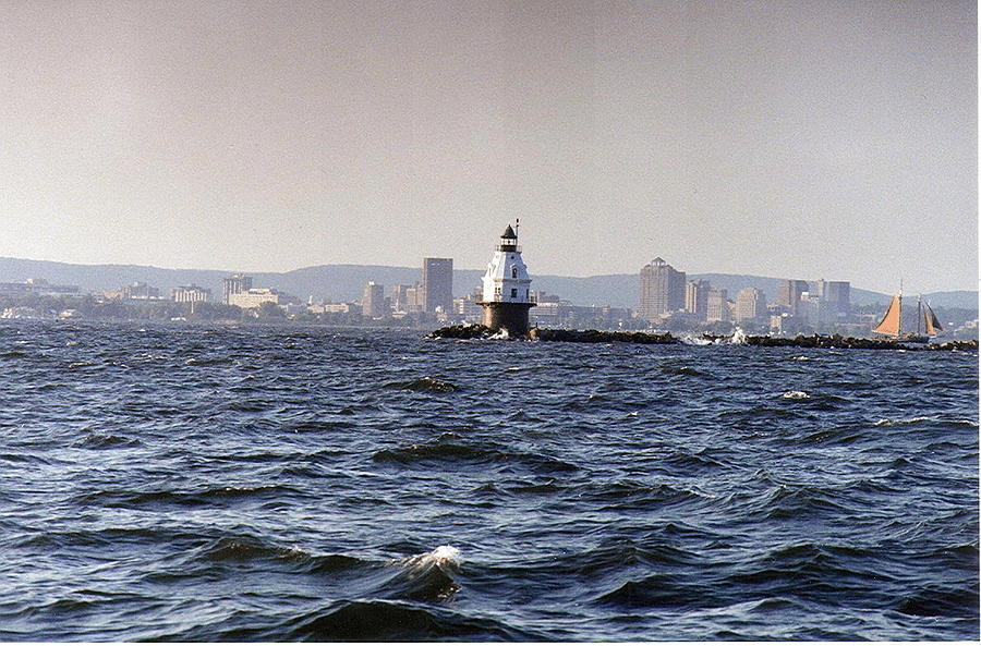 Choppy waters and a skyline view of the New Haven Harbor