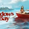 Widow's Bay in red text as a happy couple in a red canoe rows towards a coastal island