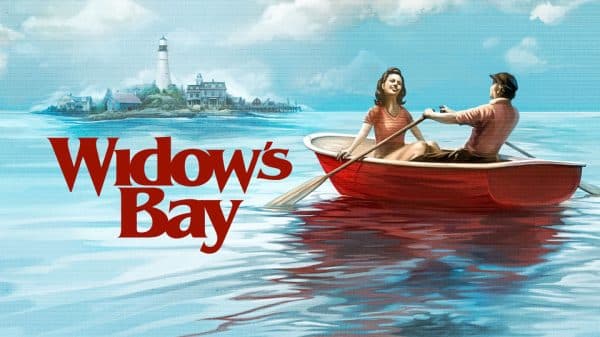 Widow's Bay in red text as a happy couple in a red canoe rows towards a coastal island