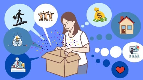 Image of a girl looking into a box with different aspect of her life in thought bubbled around her.