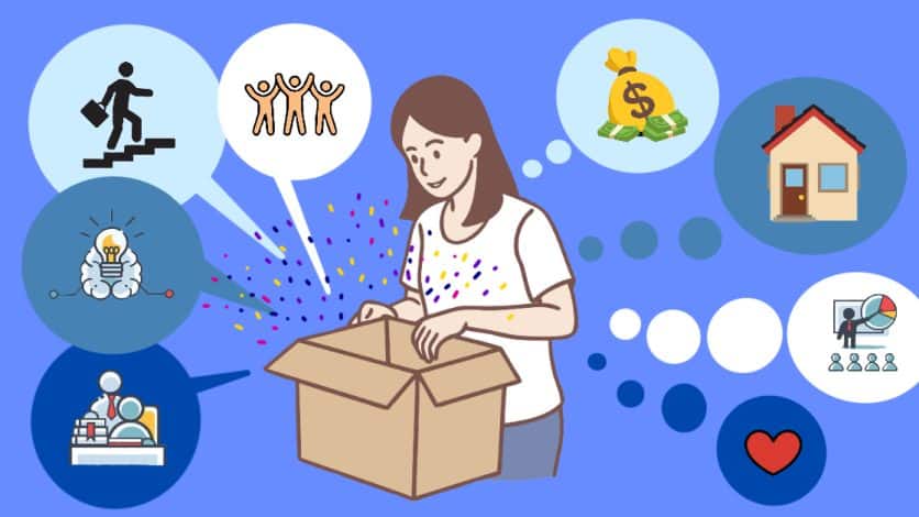 Image of a girl looking into a box with different aspect of her life in thought bubbled around her.