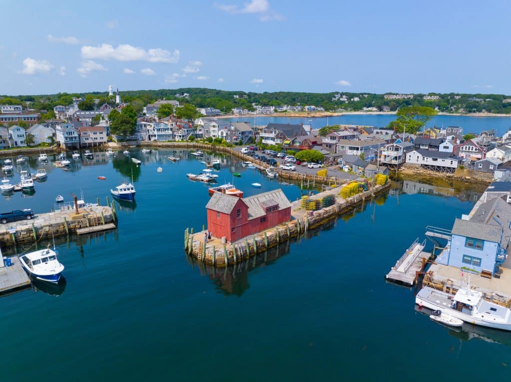An aerial view of Rockport Harbor on a sunny day