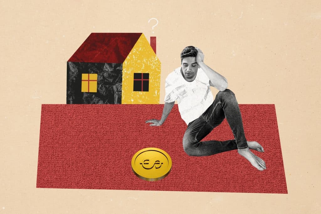 Composite photo collage of sad man real estate worker coin reduction home property dollar inflation isolated on painted background