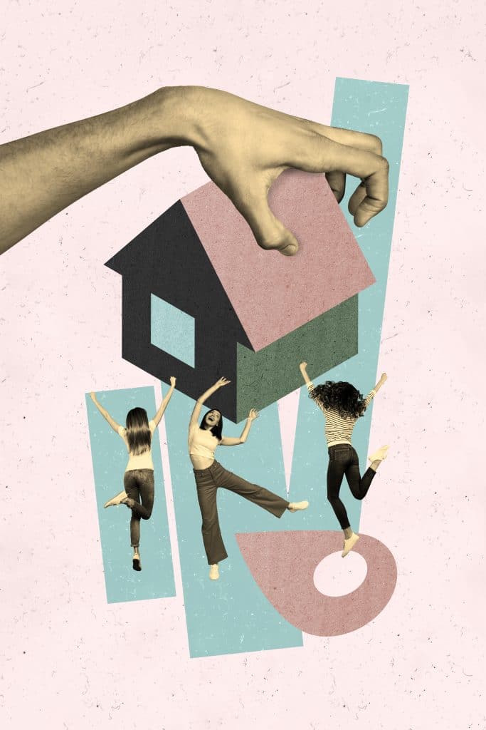 Vertical poser collage house accommodation apartment rent real estate property relocation destination mark hand body fragment