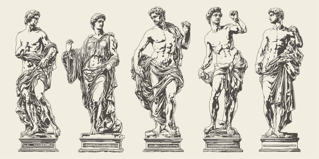 A sketched image of Greek statues.