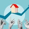 Housing affordability crisis concept, rising home prices and real estate market growth leaving people unable to buy property, hands reaching toward house symbol on upward trend chart