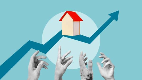 Housing affordability crisis concept, rising home prices and real estate market growth leaving people unable to buy property, hands reaching toward house symbol on upward trend chart