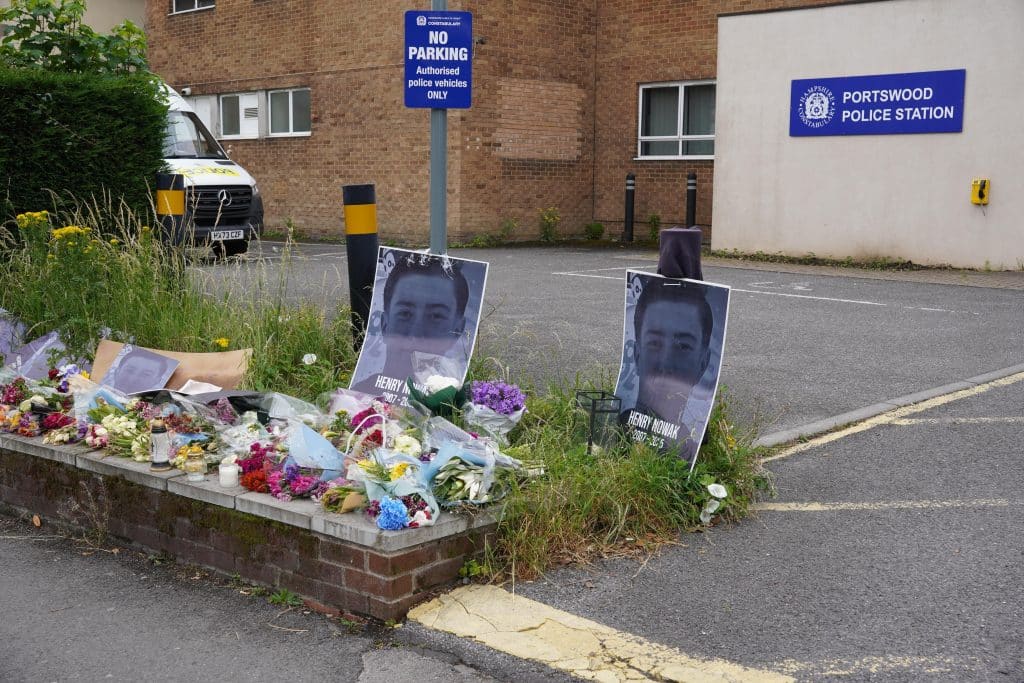 Tributes near where Henry Nowak was stabbed.