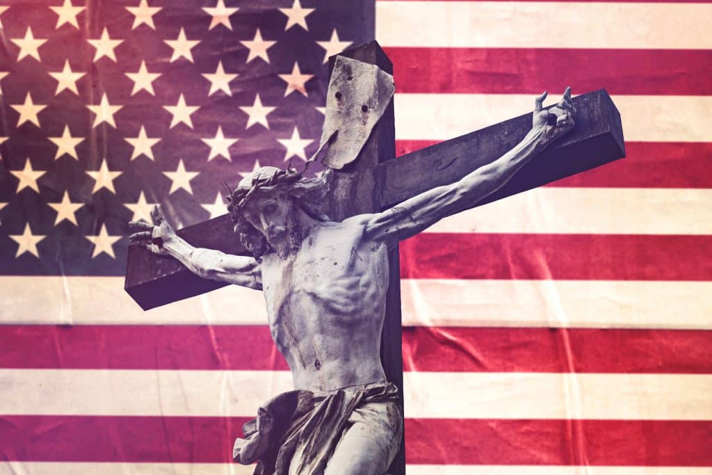 Picture of Jesus Christ in front of an American flag