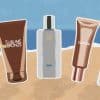 Collage-style illustration of different tanning products