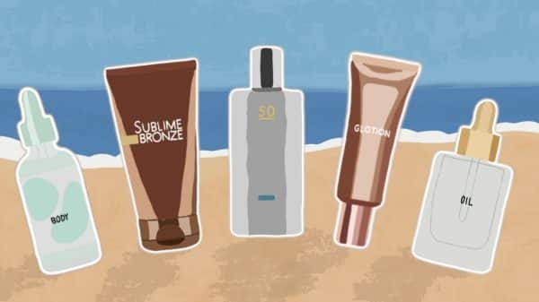 Collage-style illustration of different tanning products