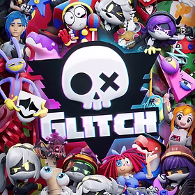 Glitch Productions' logo, an inverted triangle with a skull on it and the word 'Glitch'. The logo is surrounded by characters from their shows.