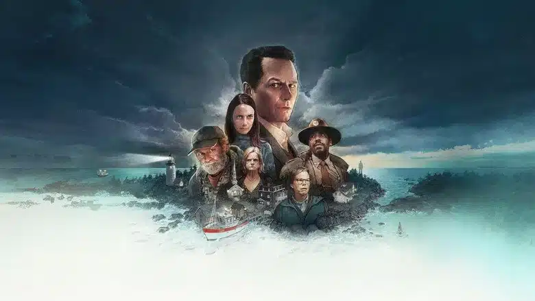 Main characters of Widow's Bay in a a promotional poster with a stormy island background.
