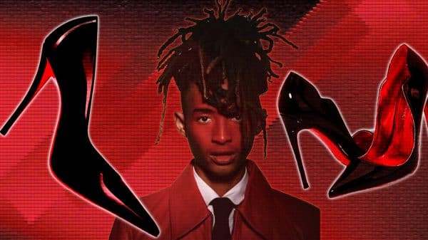A red collage featuring Jaden Smith's image with Louboutin's famous red-bottomed black high heels.