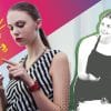 A woman doing online shopping versus a sales associate selling in-person. Stock images used.