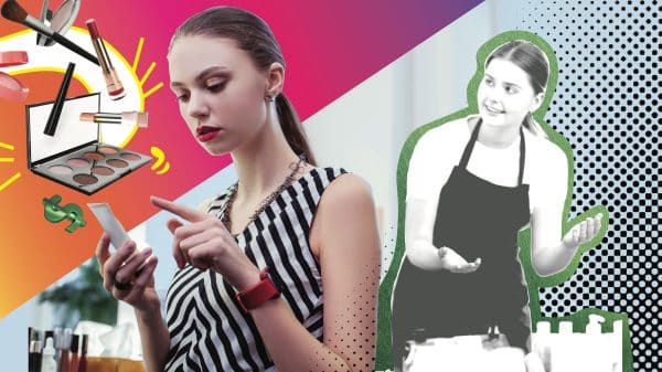 A woman doing online shopping versus a sales associate selling in-person. Stock images used.