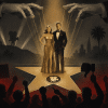 Man and woman standing on a Hollywood stage being controlled by marionette strings