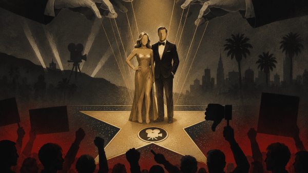 Man and woman standing on a Hollywood stage being controlled by marionette strings