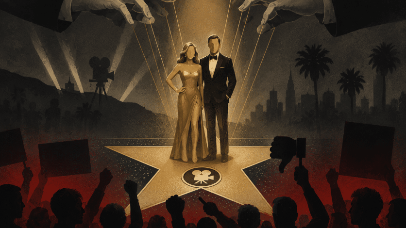 Man and woman standing on a Hollywood stage being controlled by marionette strings