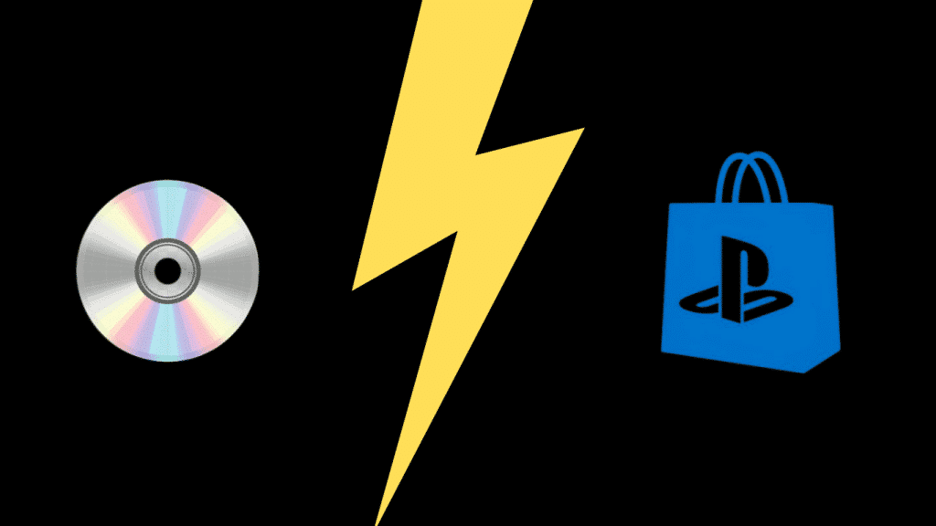 A disc and the PlayStation store logo separated by a large yellow lightning bolt and a black background.