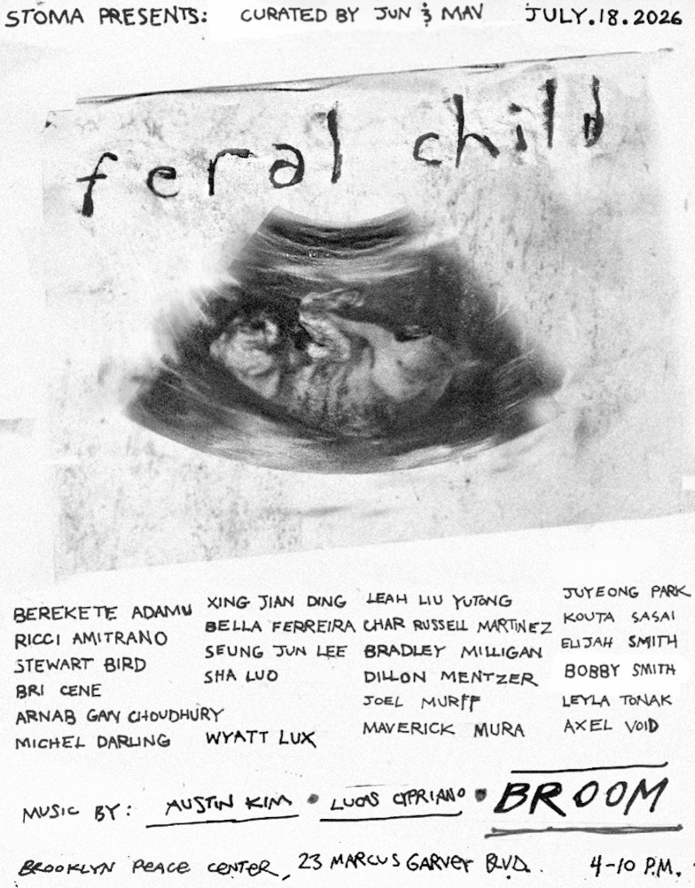 Poster for the Feral Child Exhibition featuring a warped ultrasound image and scratchy-font text. Depicts all of the featured artists' names.