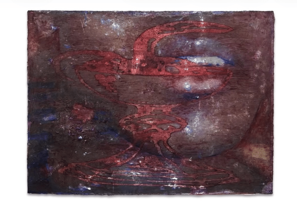 A blurred painting of the bottom half of a fae. The lips are obscured by various blots and ink marks.