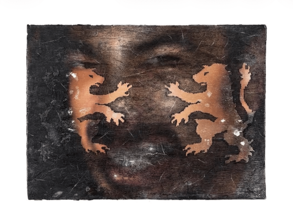 A painting featuring a blurred, scratched-out face, with two heraldic lions superimposed over it.