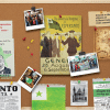 This image shows a corkboard with images related to Esperanto pinned to it