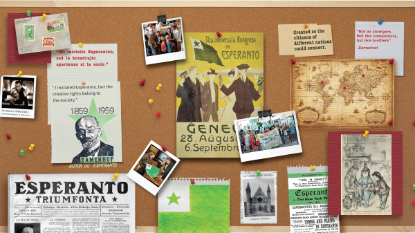 This image shows a corkboard with images related to Esperanto pinned to it