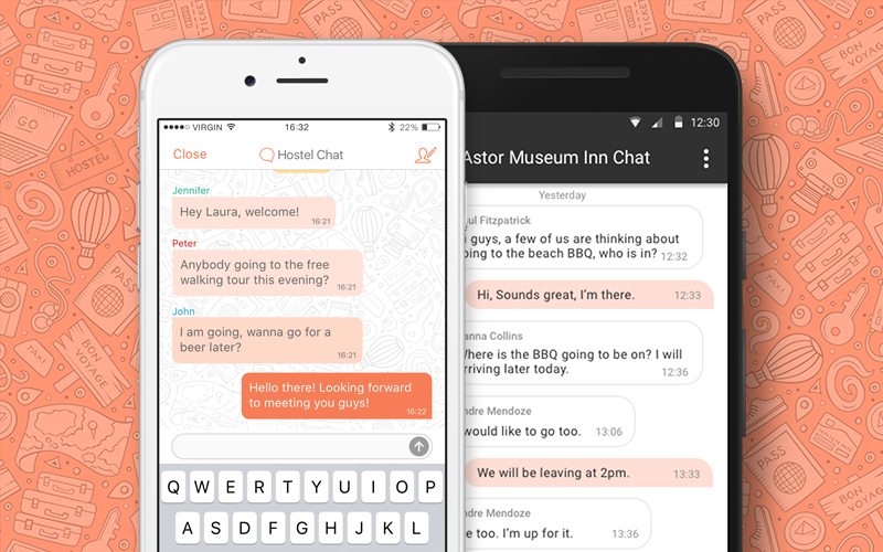 Hostelworld app chatroom on phone screens
