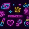 princess, lipsticks, crown and other girly icons lit up in neon