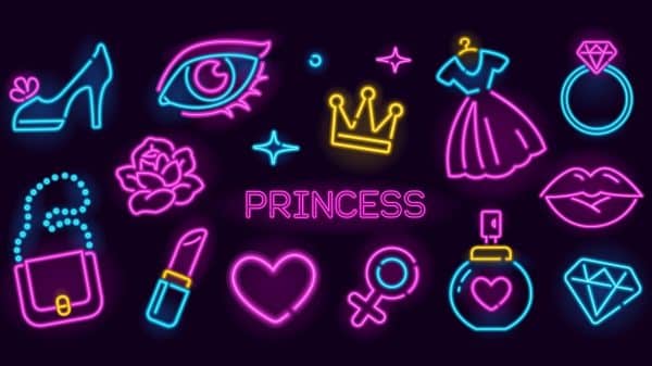 princess, lipsticks, crown and other girly icons lit up in neon
