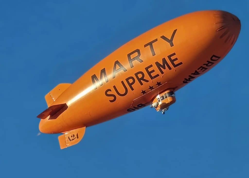 The "Marty Supreme" blimp from the films marketing strategy.