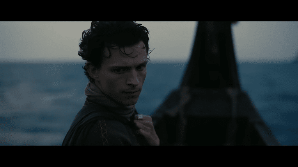 Tom Holland as Telemachus, on a boat.